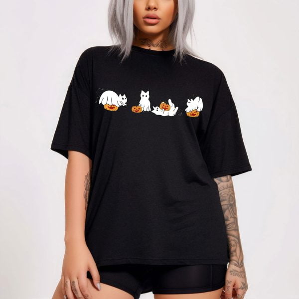 Adorable and Playful Ghost Cats Halloween Shirt 1