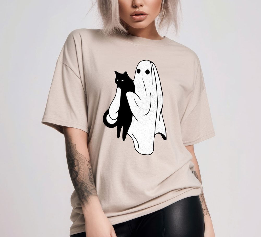 Cute Boo Ghost Holding Black Cat Funny Halloween Shirt