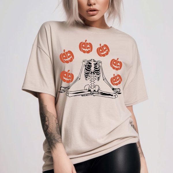 The Skeleton Pumpkin Namaste Yoga Pose Halloween Shirt