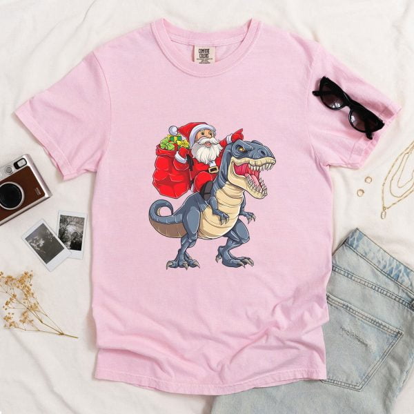 Christmas-T-Shirt-for-Boys,-Dinosaur-Santa-Kid's-T-Shirt-1
